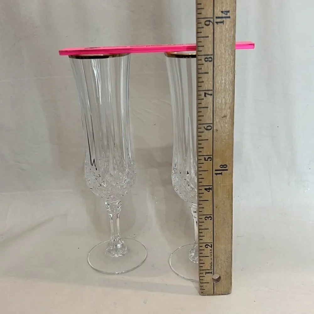 Cristal De Arques Crystal 24 K Gold Trim Long Stem Flutes 8 In Tall 2 In Round